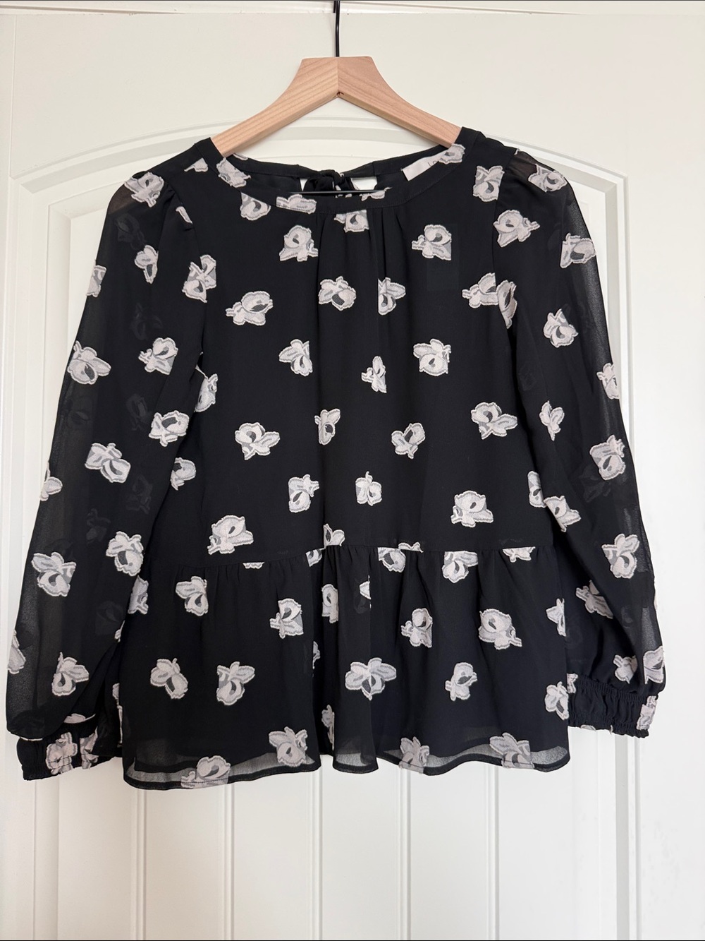 LOFT Black Floral Peplum Blouse with White Print XXSP